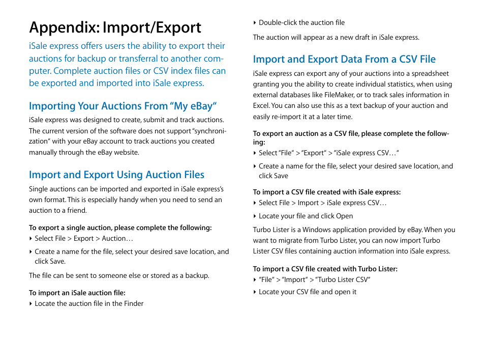 Appendix: import/export, Importing your auctions from “my ebay, Import and export using auction files | Import and export data from a csv file | equinux iSale express 1.2.9 User Manual | Page 41 / 43