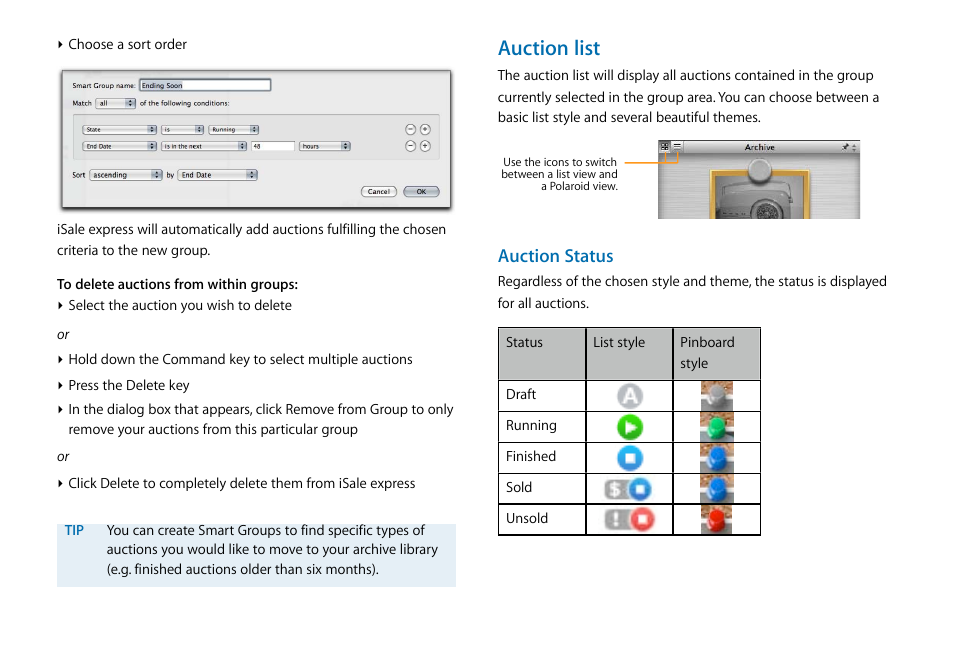 Auction list, Auction status | equinux iSale express 1.2.9 User Manual | Page 7 / 43