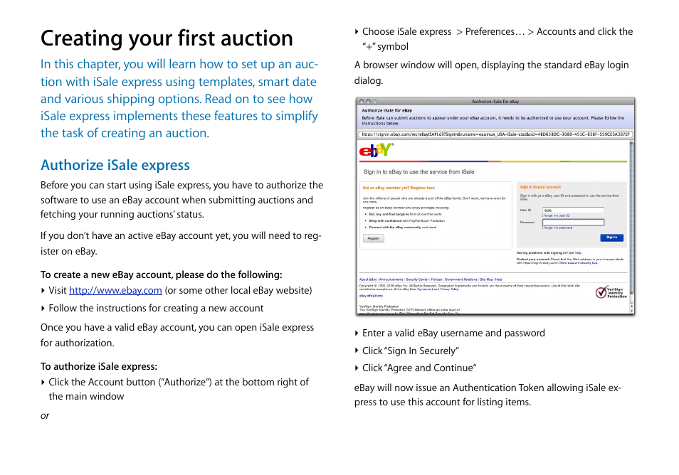Creating your first auction, Authorize isale express | equinux iSale express 1.2.9 User Manual | Page 9 / 43
