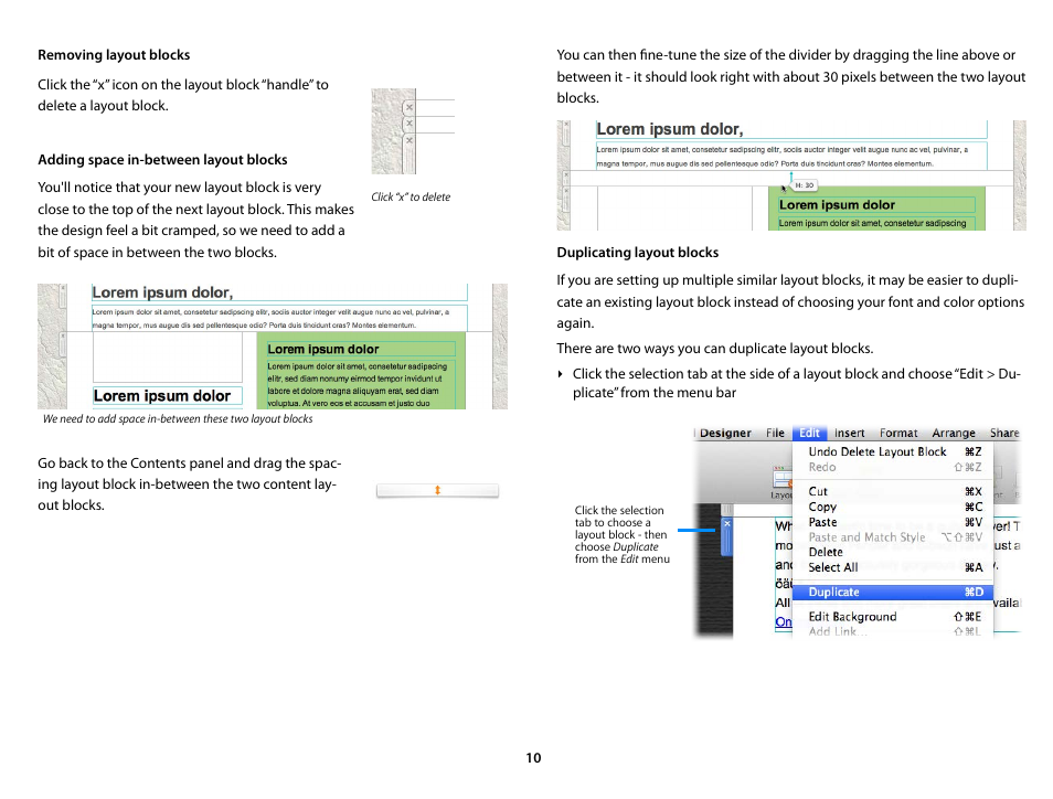 Removing layout blocks, Adding space in-between layout blocks, Duplicating layout blocks | equinux Mail Designer 1.3.4 User Manual | Page 10 / 40