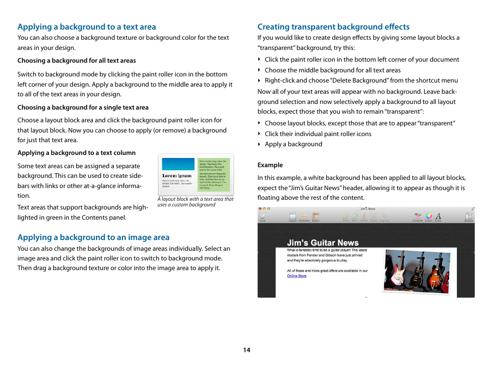 Choosing a background for all text areas, Choosing a background for a single text area, Applying a background to a text column | Applying a background to a text area, Applying a background to an image area, Creating transparent background eﬀects | equinux Mail Designer 1.3.4 User Manual | Page 14 / 40