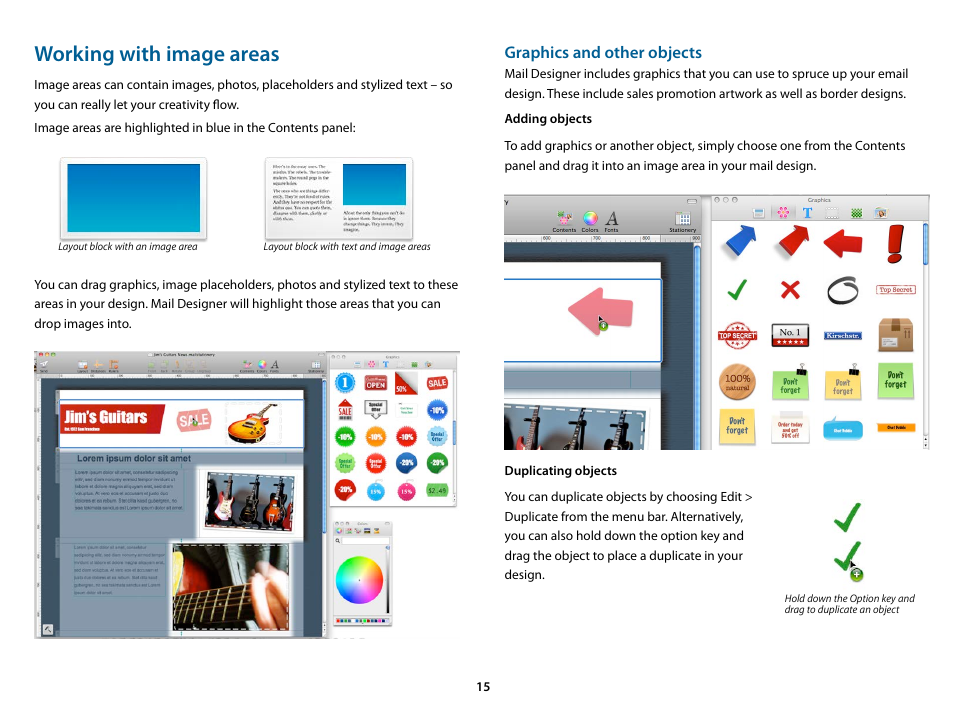 Working with image areas, Adding objects, Duplicating objects | Graphics and other objects | equinux Mail Designer 1.3.4 User Manual | Page 15 / 40