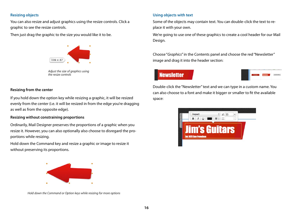 Resizing objects, Using objects with text | equinux Mail Designer 1.3.4 User Manual | Page 16 / 40