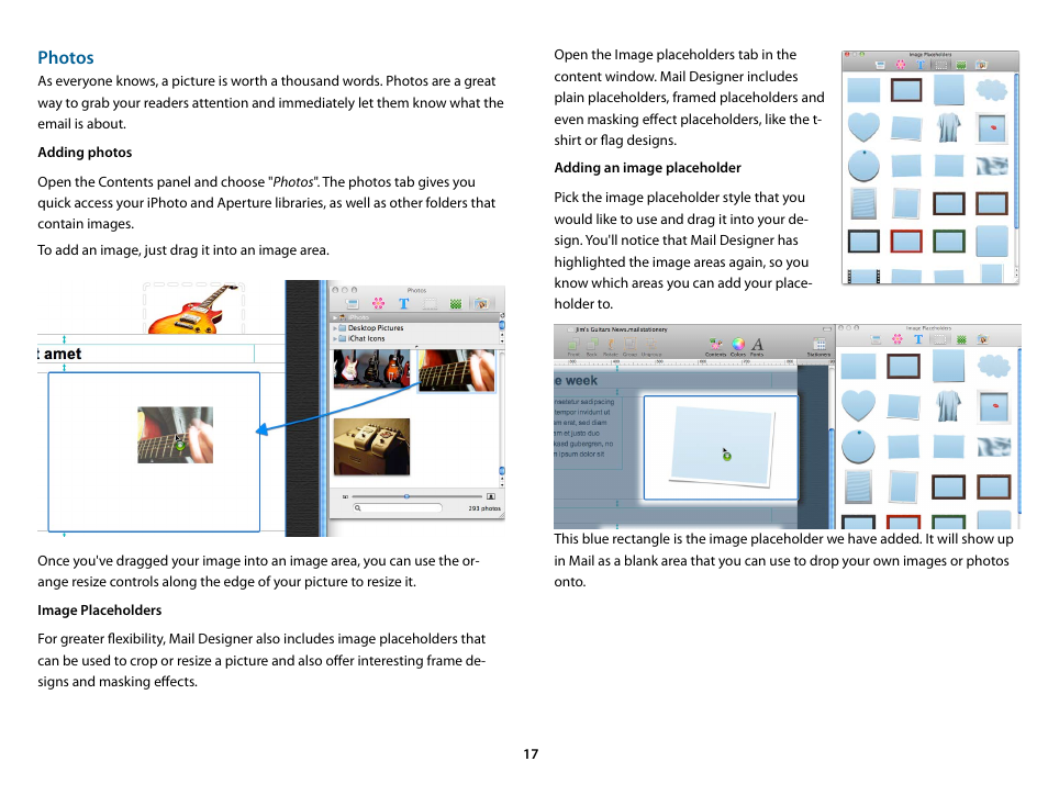 Adding photos, Image placeholders, Adding an image placeholder | Photos | equinux Mail Designer 1.3.4 User Manual | Page 17 / 40