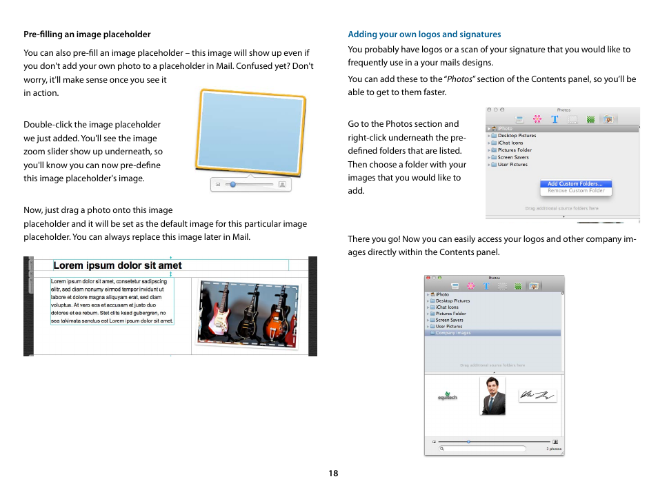 Pre-filling an image placeholder, Adding your own logos and signatures | equinux Mail Designer 1.3.4 User Manual | Page 18 / 40