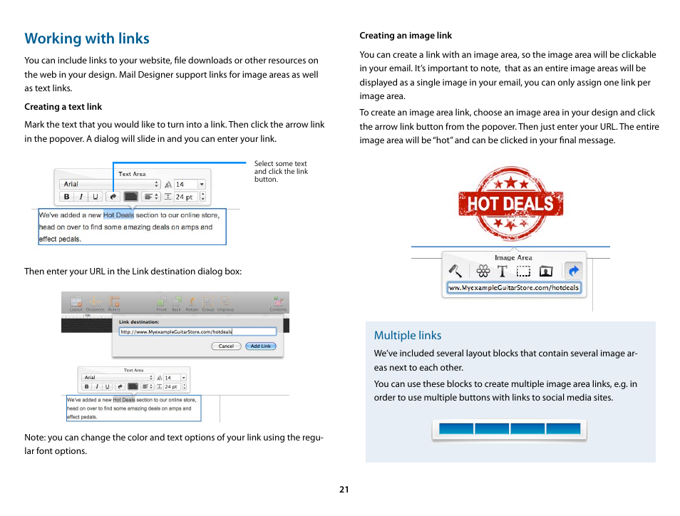 Working with links, Creating a text link, Creating an image link | Multiple links | equinux Mail Designer 1.3.4 User Manual | Page 21 / 40