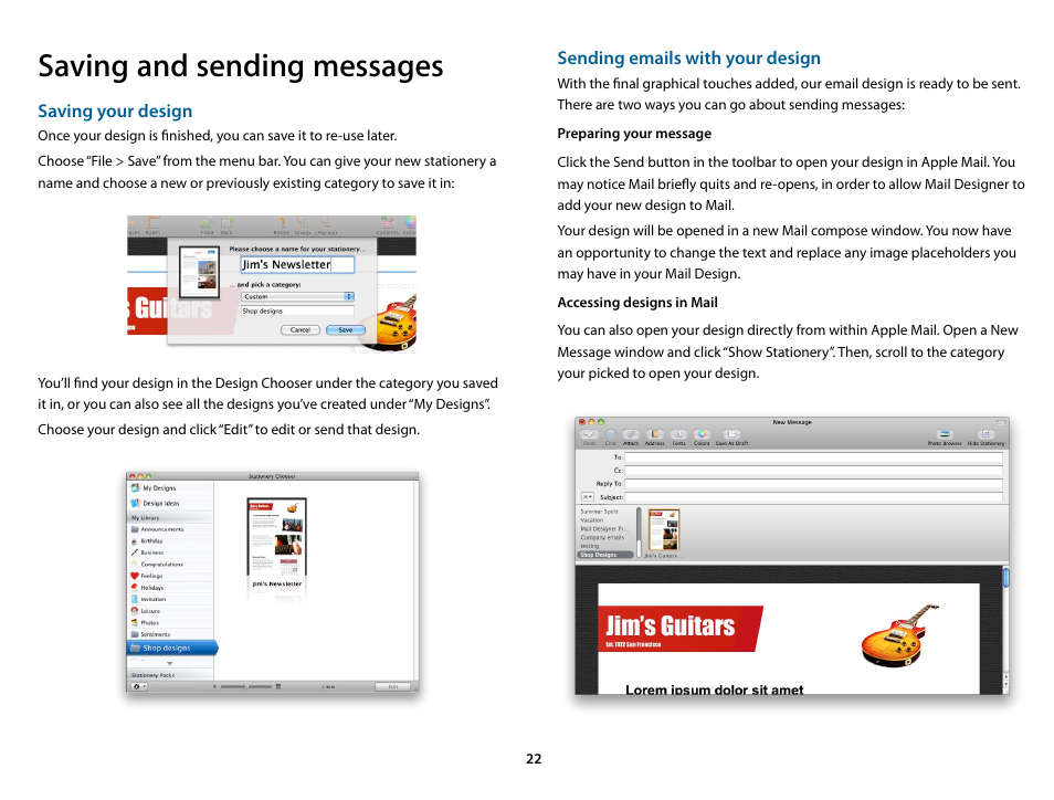 Saving and sending messages, Accessing designs in mail | equinux Mail Designer 1.3.4 User Manual | Page 22 / 40