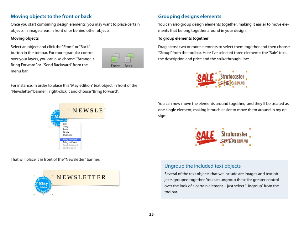 Moving objects to the front or back, Grouping designs elements | equinux Mail Designer 1.3.4 User Manual | Page 25 / 40