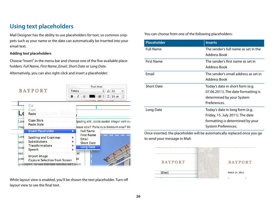 Using text placeholders, Adding text placeholders | equinux Mail Designer 1.3.4 User Manual | Page 26 / 40