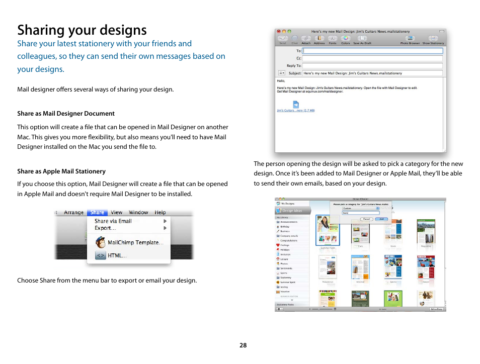 Sharing your designs, Share as mail designer document, Share as apple mail stationery | equinux Mail Designer 1.3.4 User Manual | Page 28 / 40