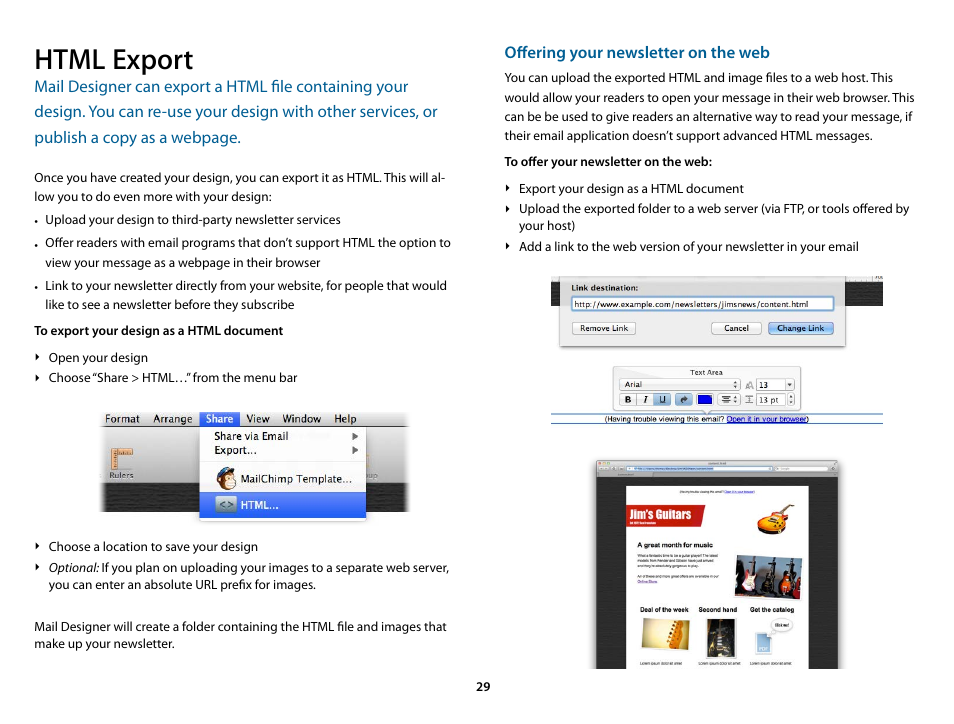 Html export, Offering your newsletter on the web | equinux Mail Designer 1.3.4 User Manual | Page 29 / 40