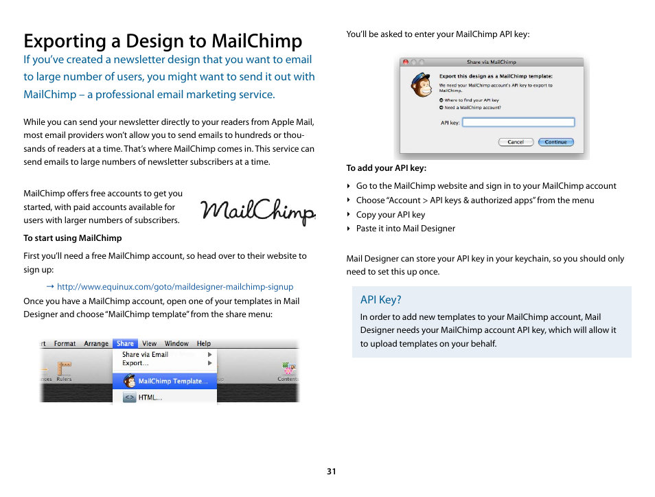 Exporting a design to mailchimp | equinux Mail Designer 1.3.4 User Manual | Page 31 / 40