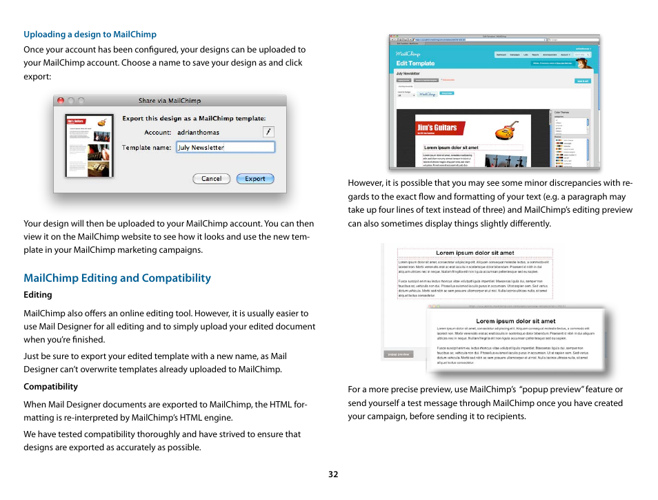 Uploading a design to mailchimp, Mailchimp editing and compatibility | equinux Mail Designer 1.3.4 User Manual | Page 32 / 40