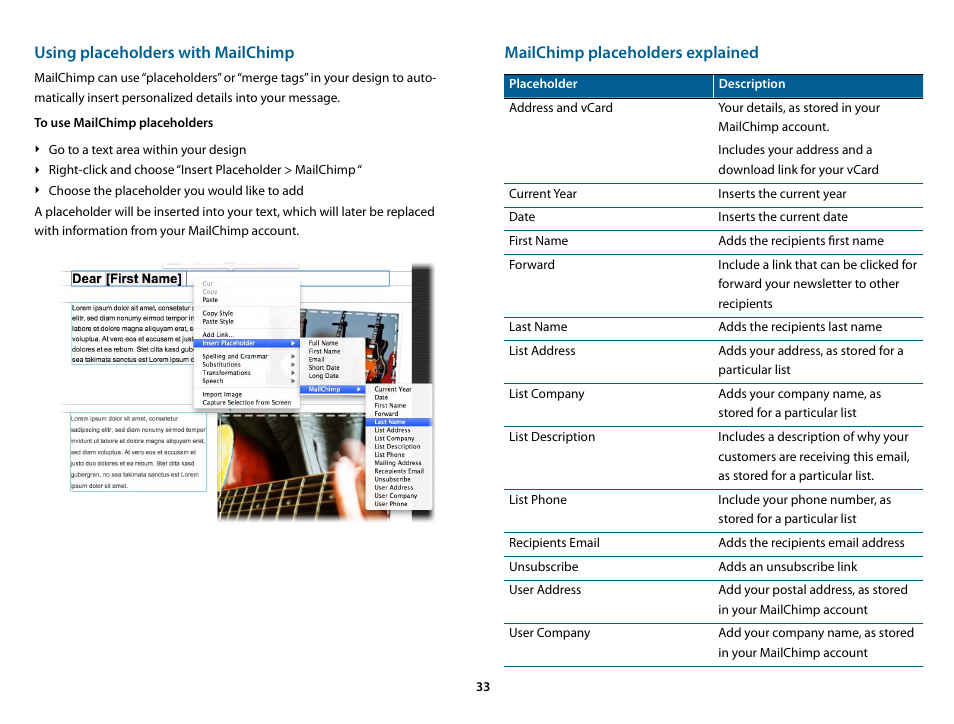 Using placeholders with mailchimp, Mailchimp placeholders explained | equinux Mail Designer 1.3.4 User Manual | Page 33 / 40