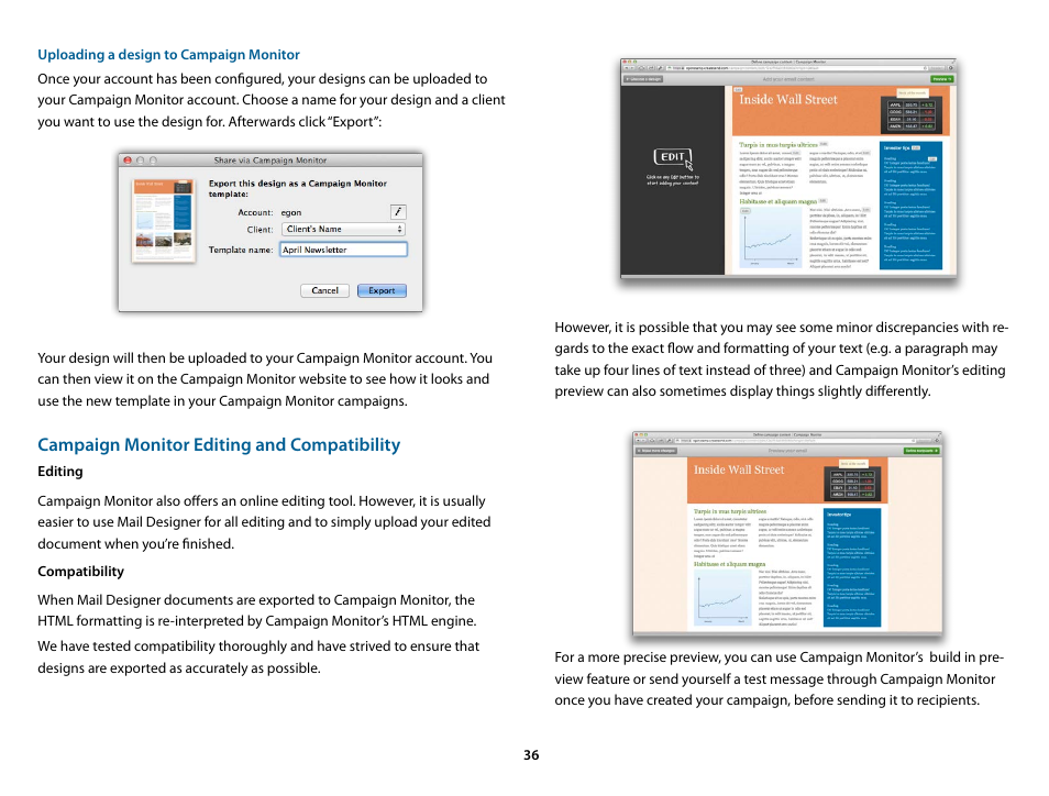 Uploading a design to campaign monitor, Campaign monitor editing and compatibility | equinux Mail Designer 1.3.4 User Manual | Page 36 / 40