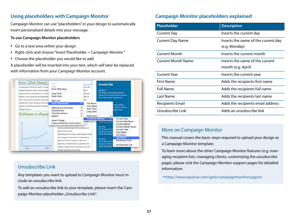 Using placeholders with campaign monitor, Campaign monitor placeholders explained, More on campaign monitor | Unsubscribe link | equinux Mail Designer 1.3.4 User Manual | Page 37 / 40