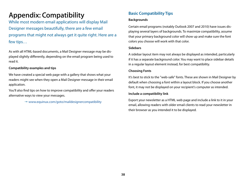 Appendix: compatibility, Compatibility examples and tips | equinux Mail Designer 1.3.4 User Manual | Page 38 / 40