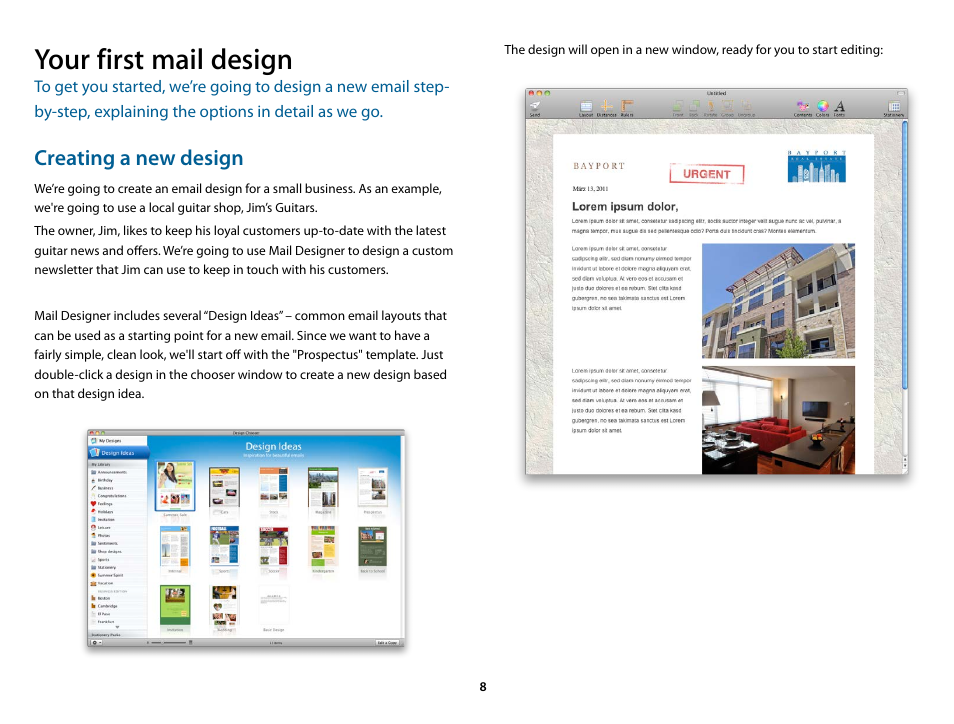 Your first mail design, Creating a new design | equinux Mail Designer 1.3.4 User Manual | Page 8 / 40