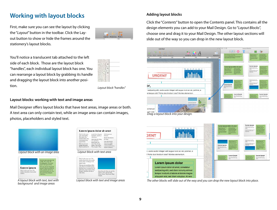 Working with layout blocks, Layout blocks: working with text and image areas, Adding layout blocks | equinux Mail Designer 1.3.4 User Manual | Page 9 / 40