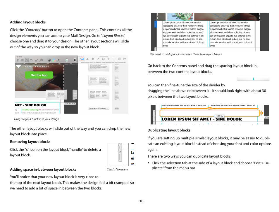 Adding layout blocks, Removing layout blocks, Adding space in-between layout blocks | Duplicating layout blocks | equinux Mail Designer Pro 2 User Manual | Page 10 / 50