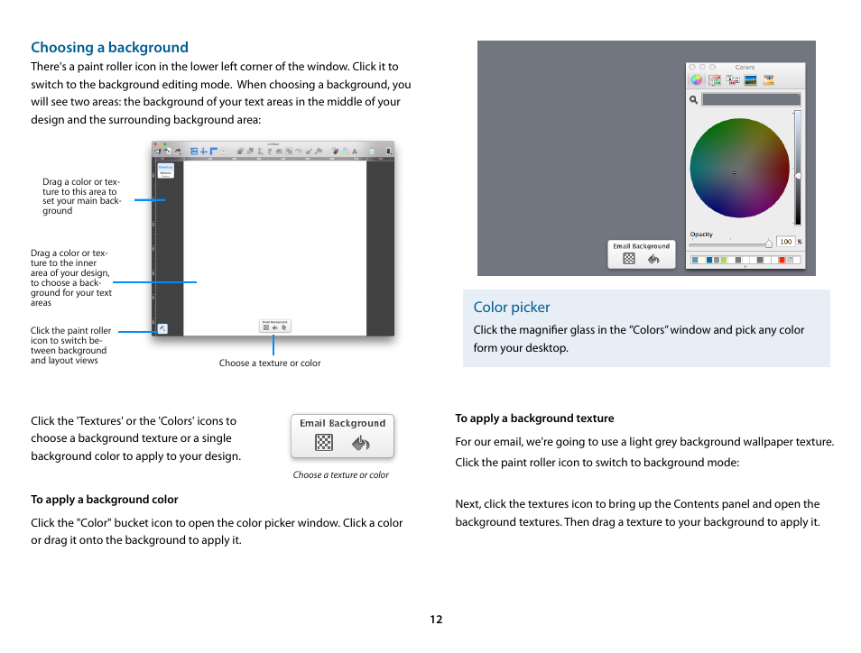Choosing a background, Color picker | equinux Mail Designer Pro 2 User Manual | Page 12 / 50