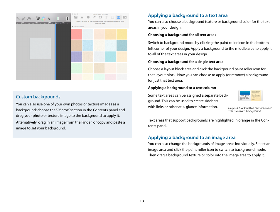 Choosing a background for all text areas, Choosing a background for a single text area, Applying a background to a text column | Custom backgrounds, Applying a background to a text area, Applying a background to an image area | equinux Mail Designer Pro 2 User Manual | Page 13 / 50
