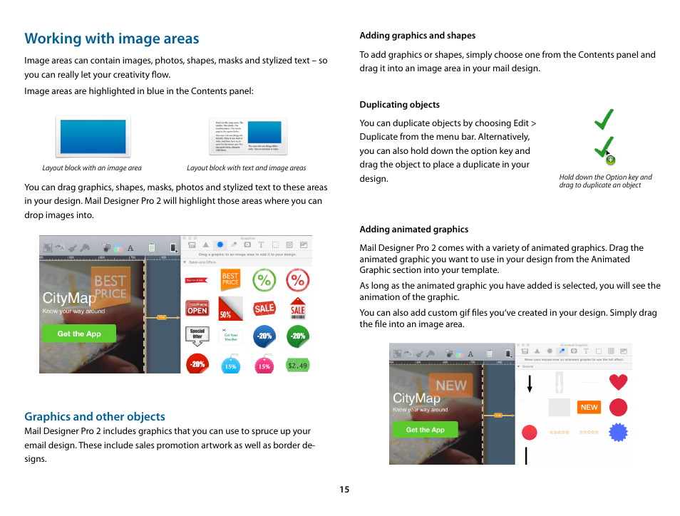 Working with image areas, Adding graphics and shapes, Duplicating objects | Adding animated graphics, Graphics and other objects | equinux Mail Designer Pro 2 User Manual | Page 15 / 50