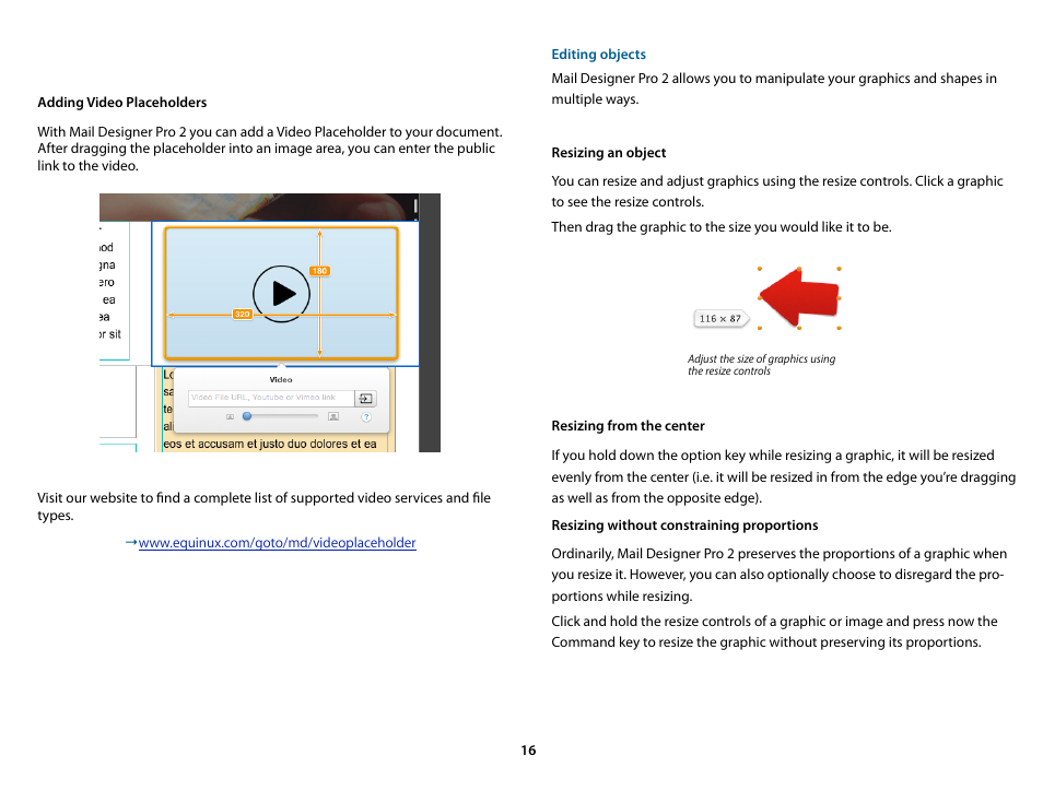 Adding video placeholders, Editing objects, Resizing an object | equinux Mail Designer Pro 2 User Manual | Page 16 / 50