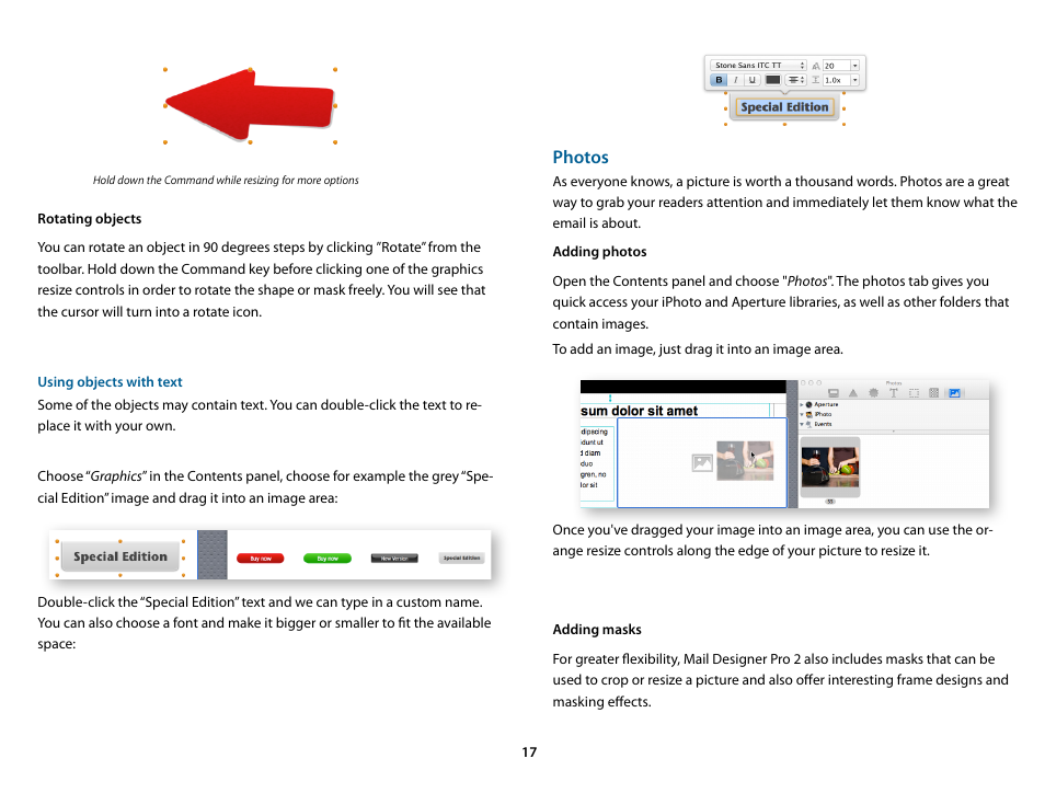 Rotating objects, Using objects with text, Adding photos | Adding masks, Photos | equinux Mail Designer Pro 2 User Manual | Page 17 / 50