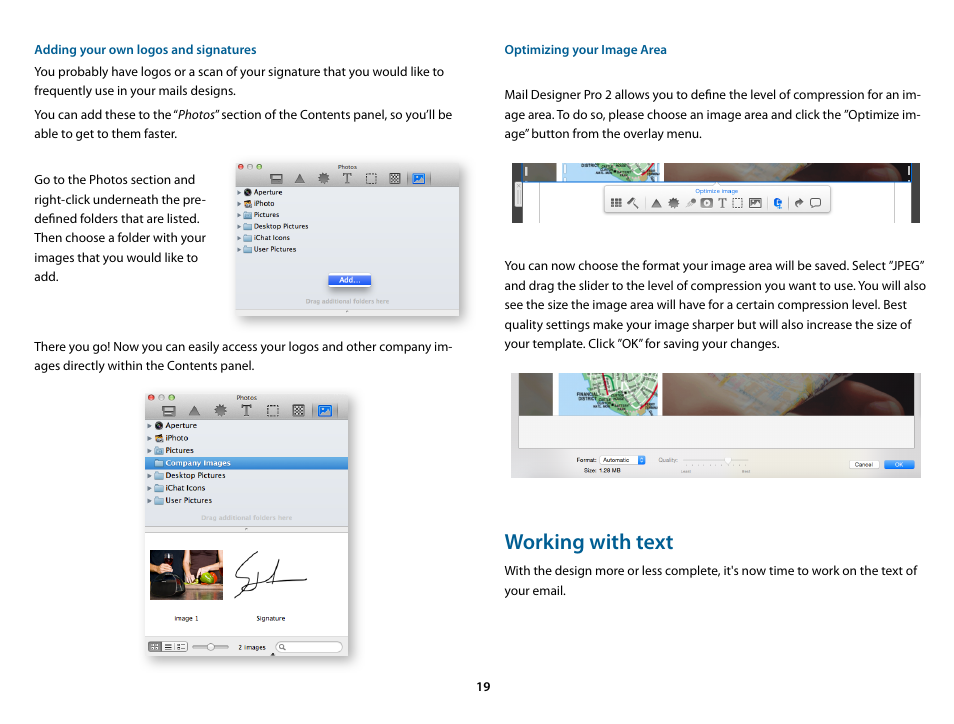 Adding your own logos and signatures, Optimizing your image area, Working with text | equinux Mail Designer Pro 2 User Manual | Page 19 / 50