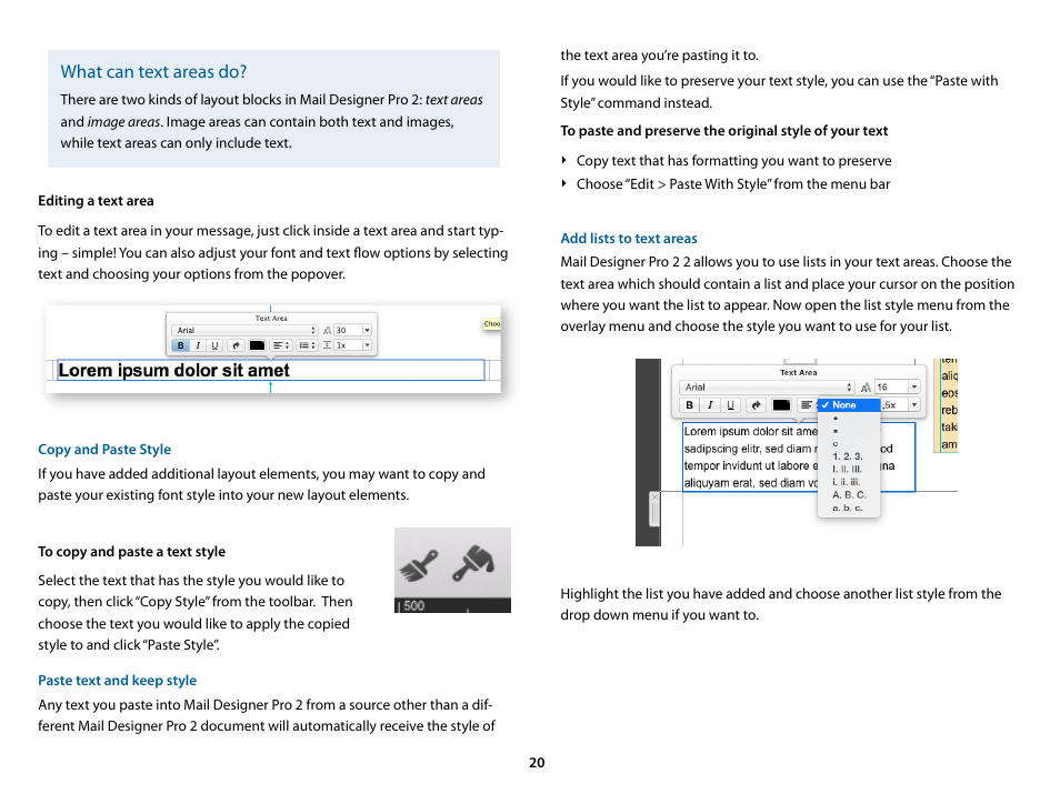 Editing a text area, Copy and paste style, To copy and paste a text style | Paste text and keep style, Add lists to text areas, What can text areas do | equinux Mail Designer Pro 2 User Manual | Page 20 / 50