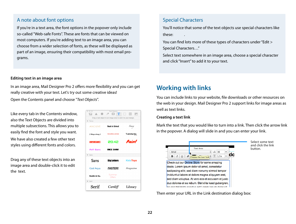 Editing text in an image area, Working with links, Creating a text link | Special characters | equinux Mail Designer Pro 2 User Manual | Page 22 / 50