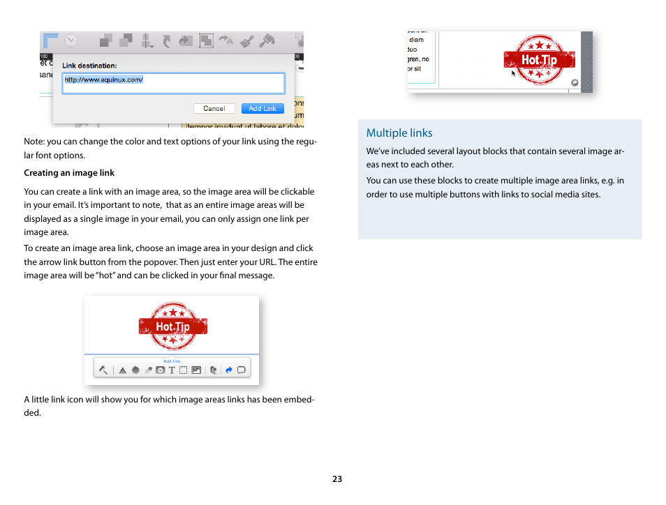 Creating an image link, Multiple links | equinux Mail Designer Pro 2 User Manual | Page 23 / 50