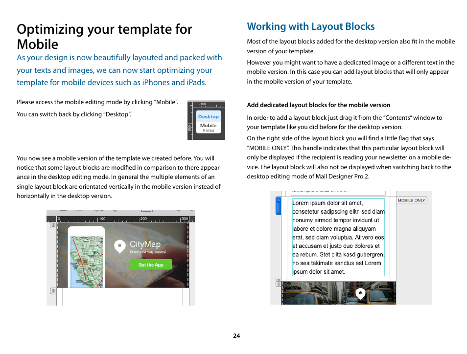 Optimizing your template for mobile, Working with layout blocks, Add dedicated layout blocks for the mobile version | equinux Mail Designer Pro 2 User Manual | Page 24 / 50