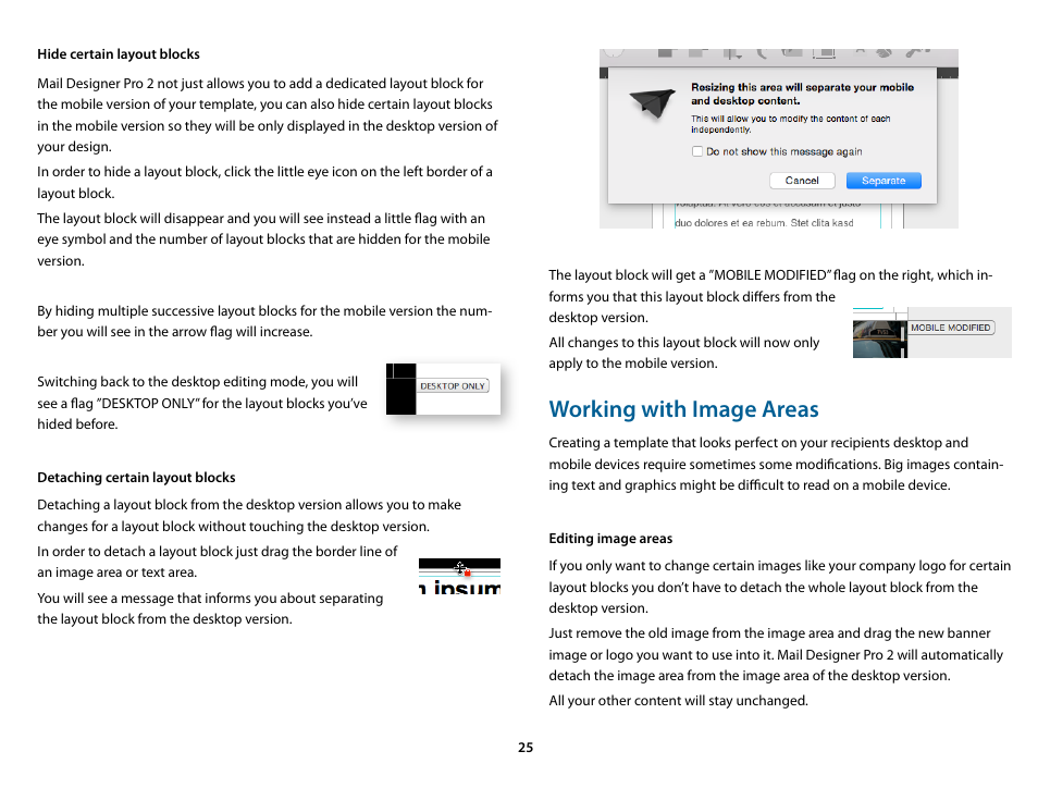 Hide certain layout blocks, Detaching certain layout blocks, Working with image areas | Editing image areas | equinux Mail Designer Pro 2 User Manual | Page 25 / 50