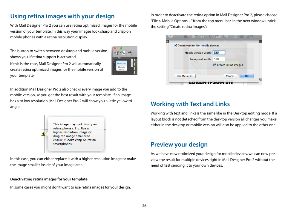 Using retina images with your design, Deactivating retina images for your template, Working with text and links | Preview your design | equinux Mail Designer Pro 2 User Manual | Page 26 / 50