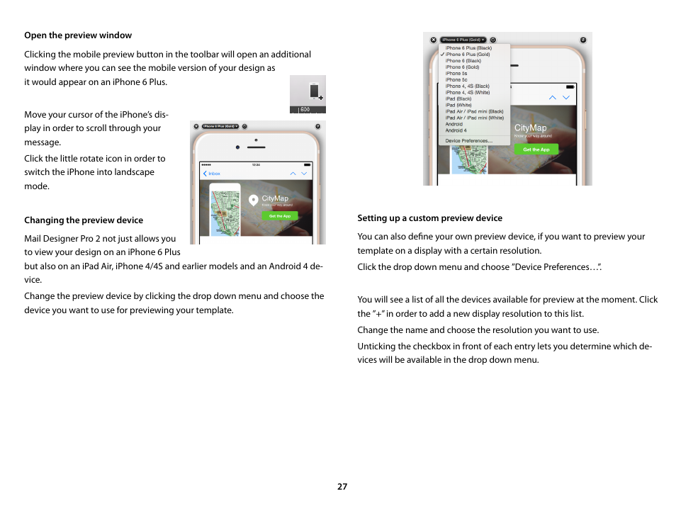 Open the preview window, Changing the preview device, Setting up a custom preview device | equinux Mail Designer Pro 2 User Manual | Page 27 / 50