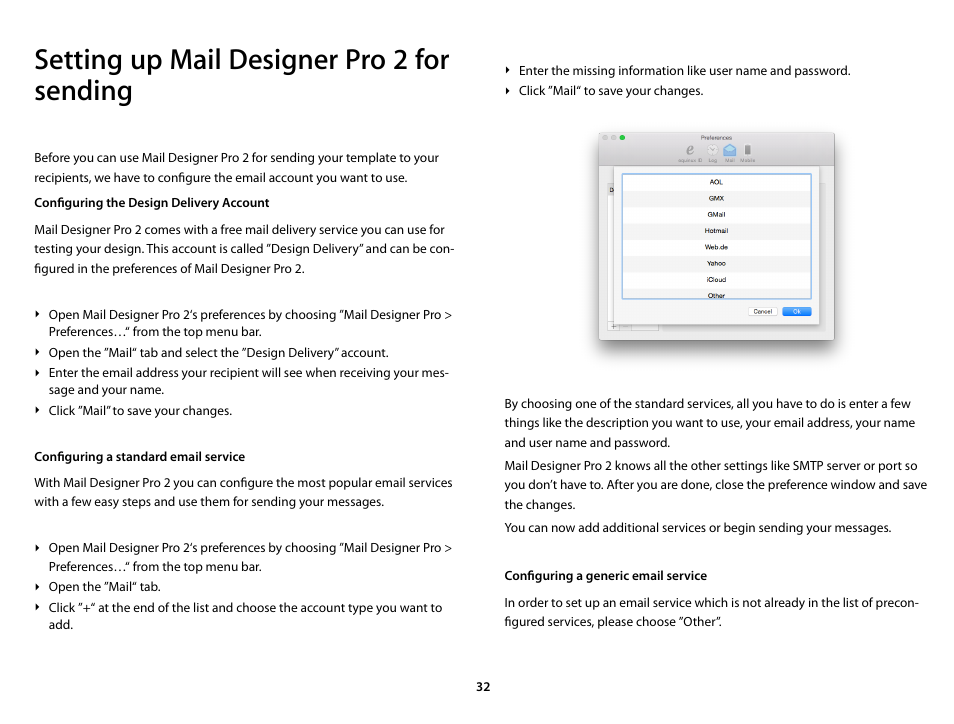 Setting up mail designer pro 2 for sending, Configuring the design delivery account, Configuring a standard email service | Configuring a generic email service | equinux Mail Designer Pro 2 User Manual | Page 32 / 50