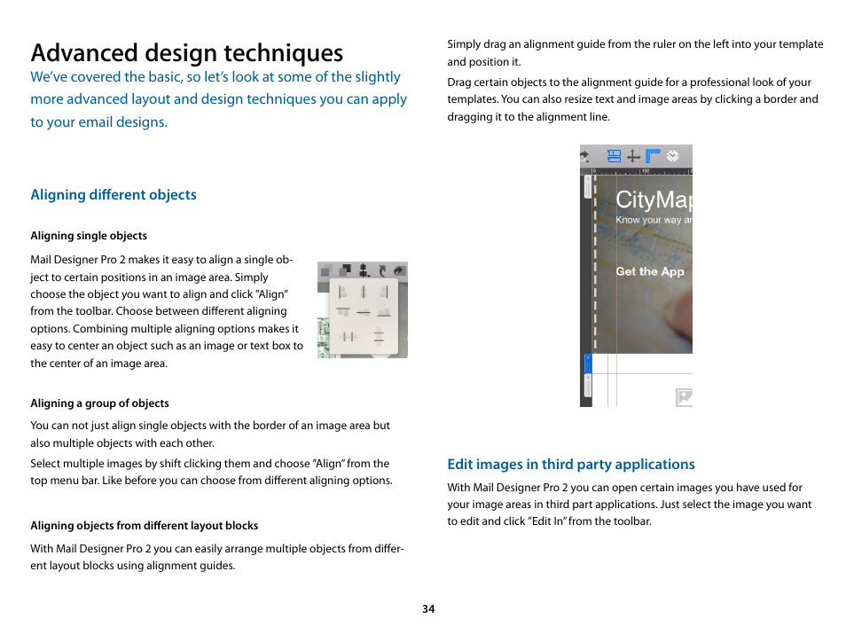 Advanced design techniques, Aligning single objects, Aligning a group of objects | Aligning objects from different layout blocks, Edit images in third party applications | equinux Mail Designer Pro 2 User Manual | Page 34 / 50
