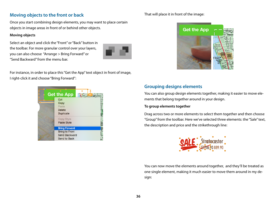 Moving objects to the front or back, Grouping designs elements | equinux Mail Designer Pro 2 User Manual | Page 36 / 50