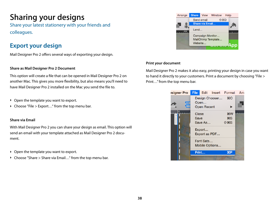 Sharing your designs, Export your design, Share as mail designer pro 2 document | Share via email, Print your document | equinux Mail Designer Pro 2 User Manual | Page 38 / 50