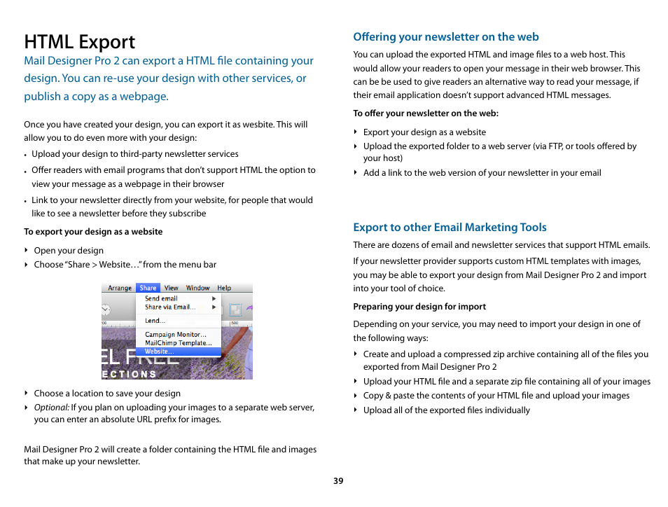 Html export, Offering your newsletter on the web, Export to other email marketing tools | equinux Mail Designer Pro 2 User Manual | Page 39 / 50