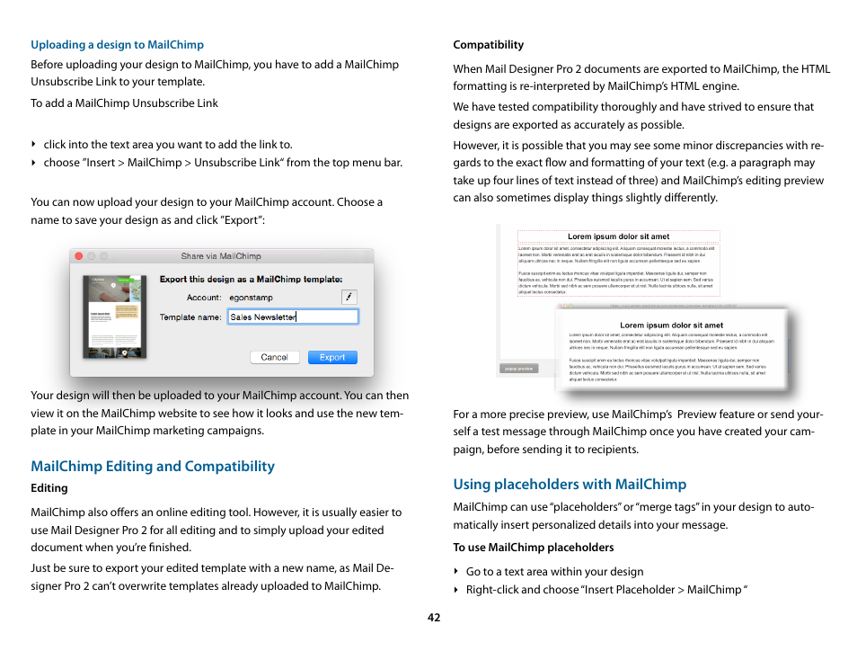 Uploading a design to mailchimp, Using placeholders with mailchimp, Mailchimp editing and compatibility | equinux Mail Designer Pro 2 User Manual | Page 42 / 50