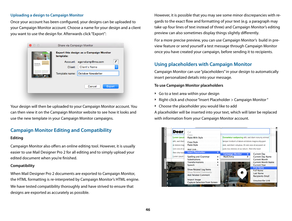 Uploading a design to campaign monitor, Using placeholders with campaign monitor, Campaign monitor editing and compatibility | equinux Mail Designer Pro 2 User Manual | Page 46 / 50