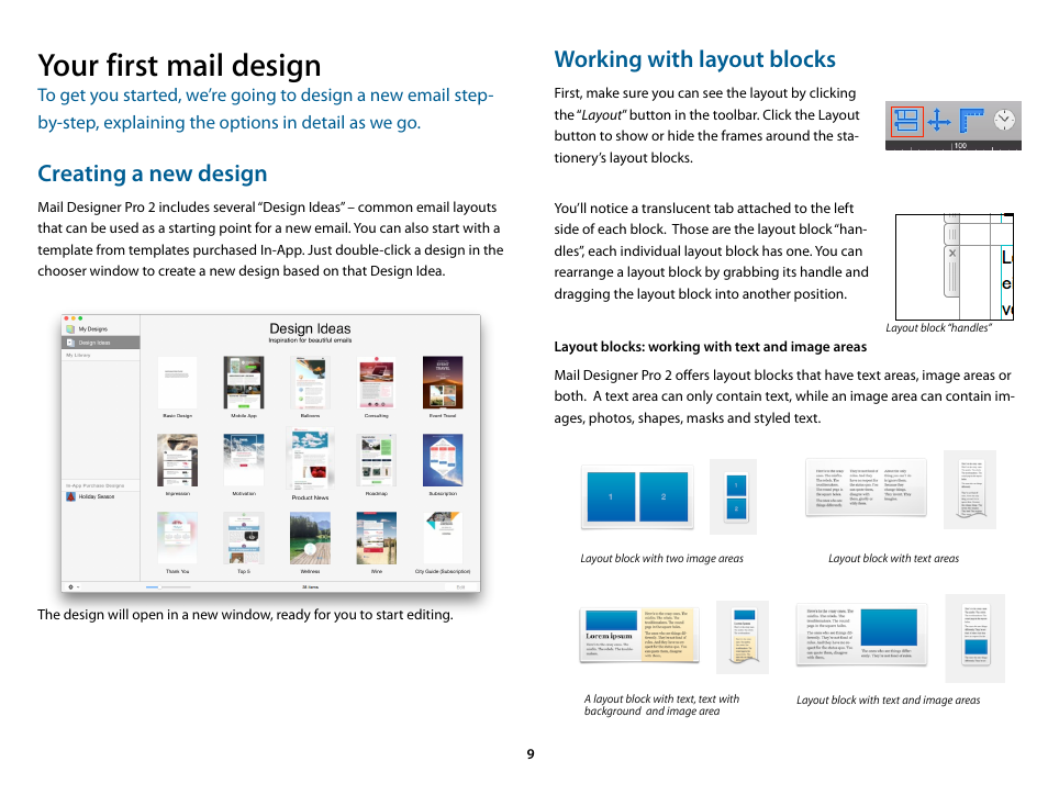 Your first mail design, Creating a new design, Working with layout blocks | Layout blocks: working with text and image areas | equinux Mail Designer Pro 2 User Manual | Page 9 / 50