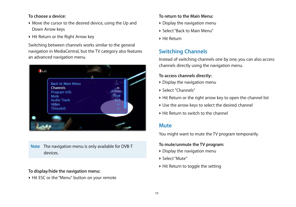 Switching channels, Mute | equinux MediaCentral 2.8.10 User Manual | Page 19 / 46