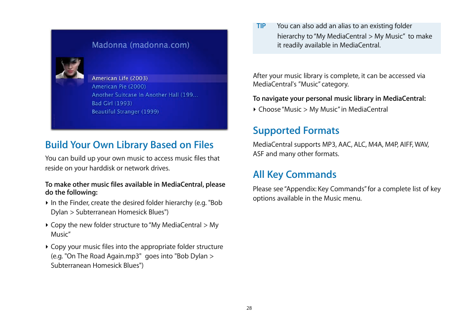 Build your own library based on files, Supported formats, All key commands | equinux MediaCentral 2.8.10 User Manual | Page 28 / 46