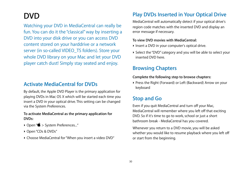 Activate mediacentral for dvds, Play dvds inserted in your optical drive, Browsing chapters | Stop and go | equinux MediaCentral 2.8.10 User Manual | Page 30 / 46