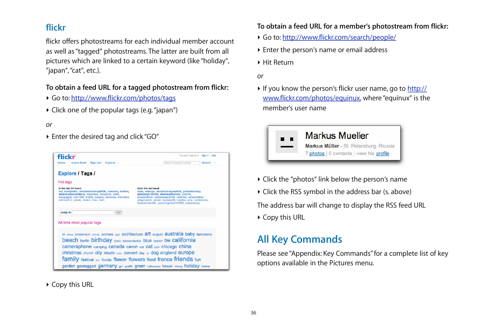 All key commands, Flickr | equinux MediaCentral 2.8.10 User Manual | Page 36 / 46