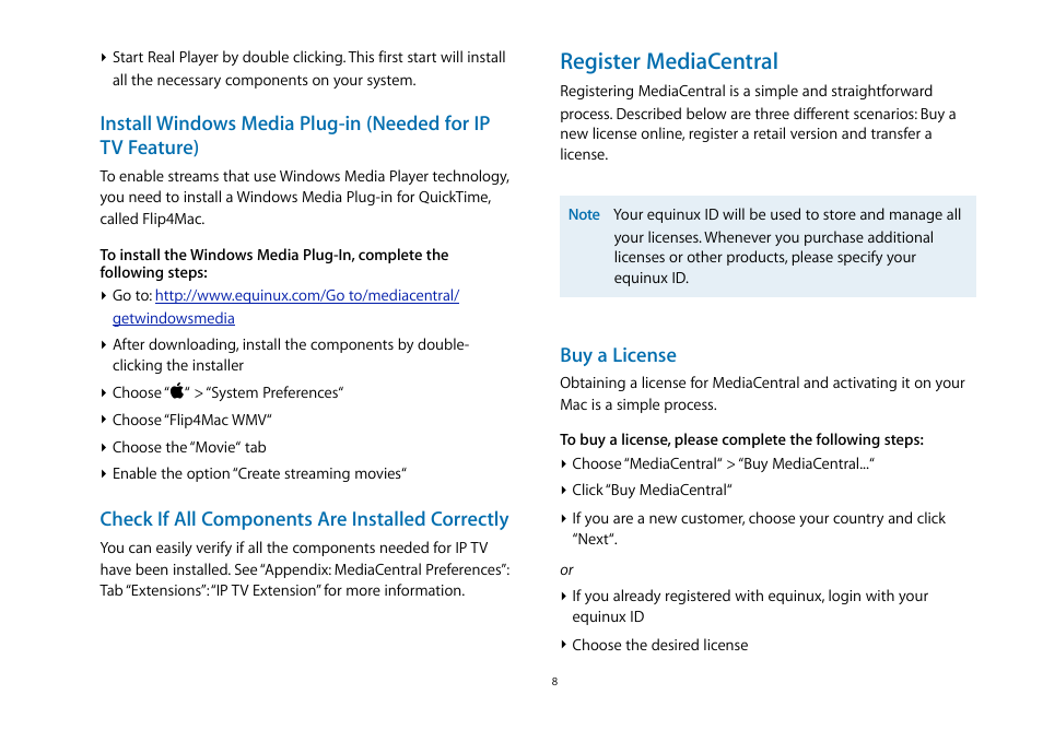 Register mediacentral, Check if all components are installed correctly, Buy a license | equinux MediaCentral 2.8.10 User Manual | Page 8 / 46